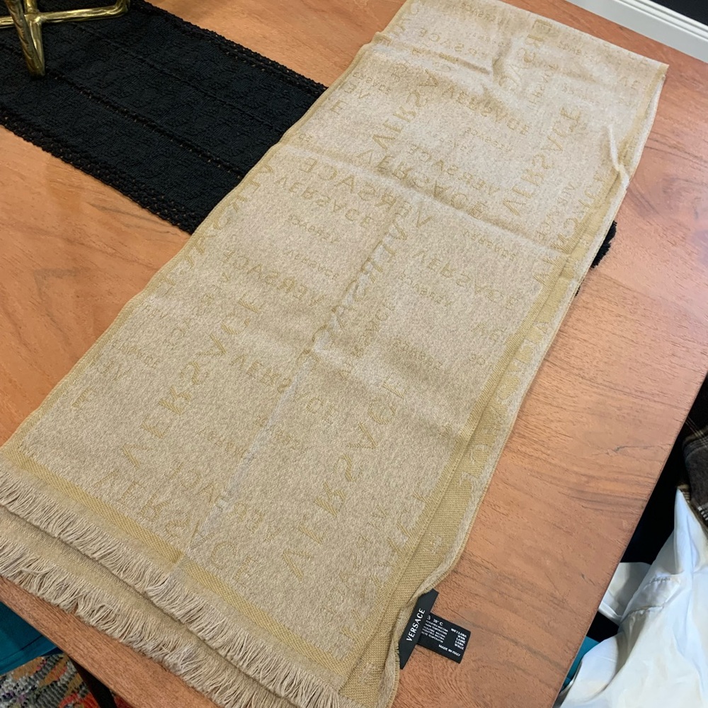 Versace Tan Wool Scarf with Fringe